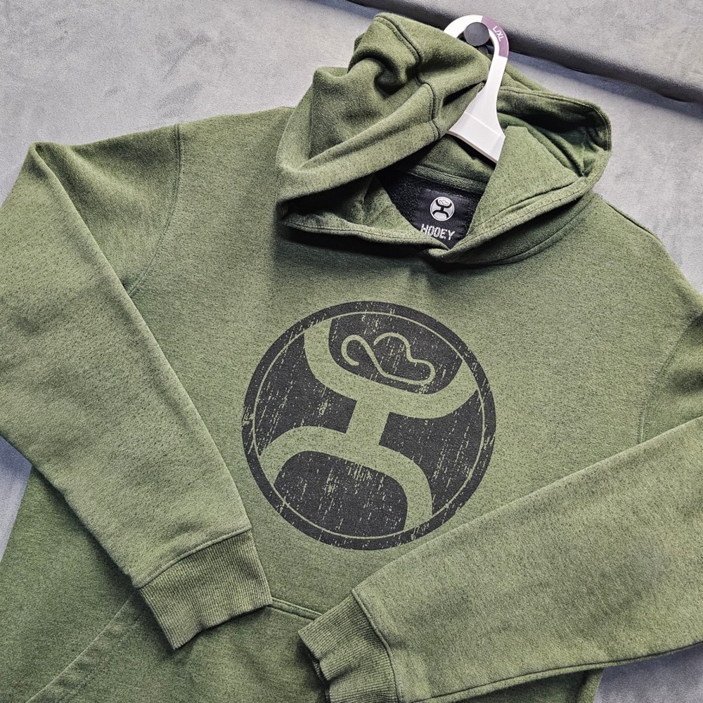 HOOEY Mens Olive Green Distressed Logo Pullover Hoodie Sweatshirt Size M